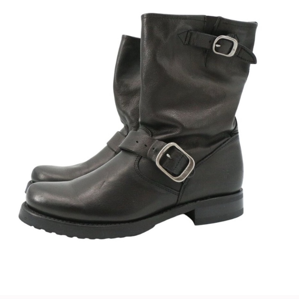 Frye Veronica Shortie Boots Black Leather Slouch Moto Buckle Booties 8